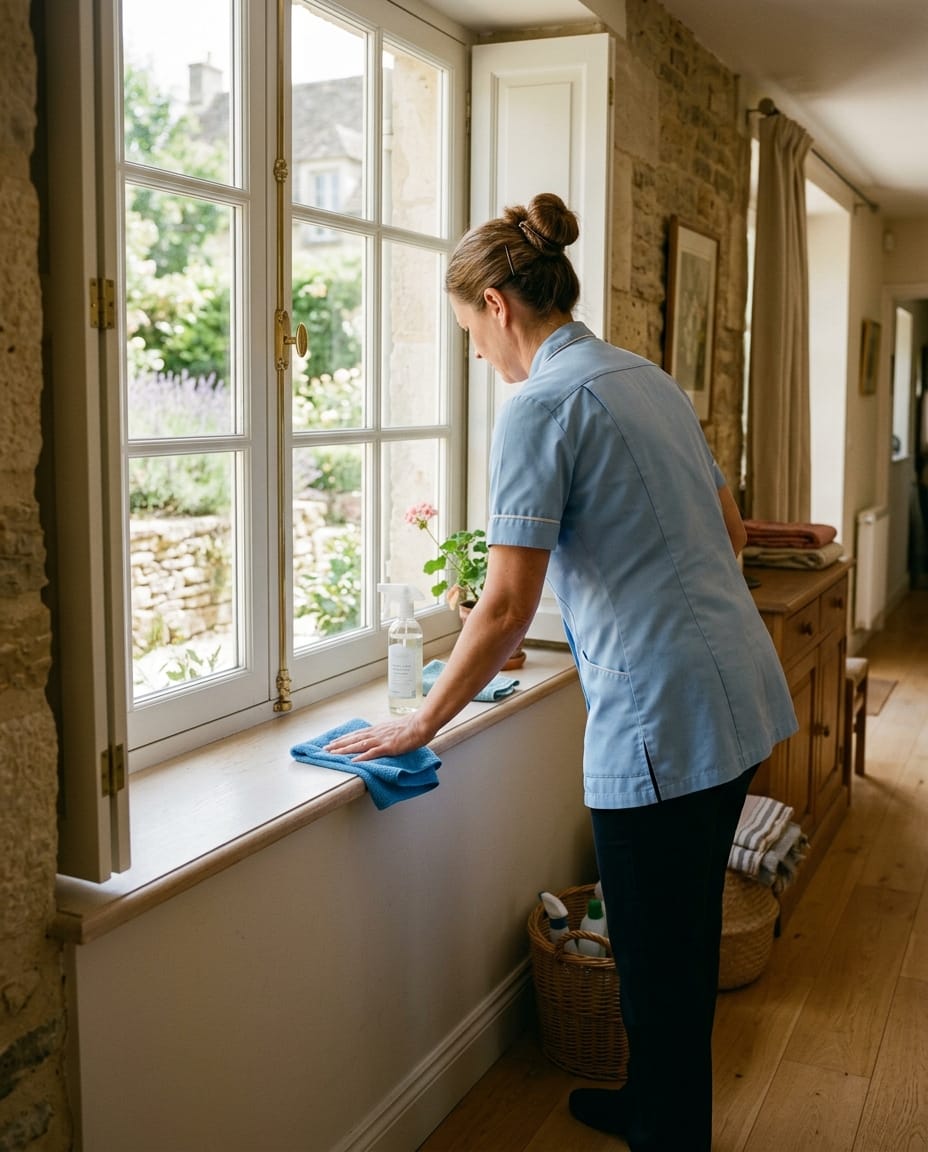 Intervenante de La Petite Éponge en train d'entretenir un intérieur lumineux
