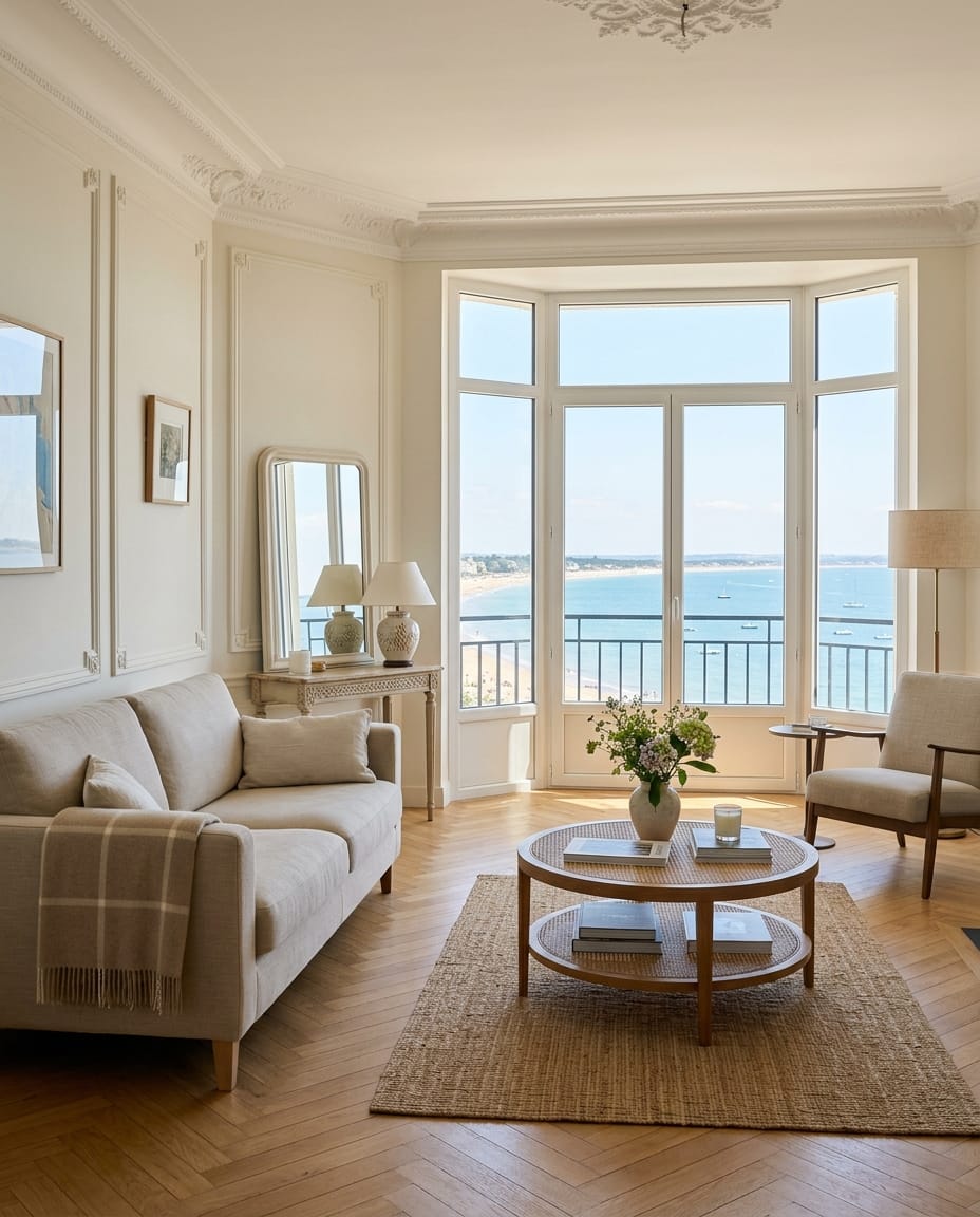 Intérieur lumineux d'un appartement avec vue mer à La Baule, parfaitement entretenu